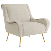 Sillón tapizado Ricci con brazos en forma de silla de montar en color piedra