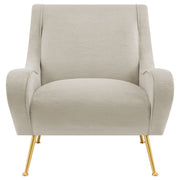 Sillón tapizado Ricci con brazos en forma de silla de montar en color piedra