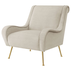 Sillón tapizado Ricci con brazos en forma de silla de montar en color piedra