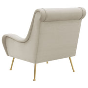 Sillón tapizado Ricci con brazos en forma de silla de montar en color piedra