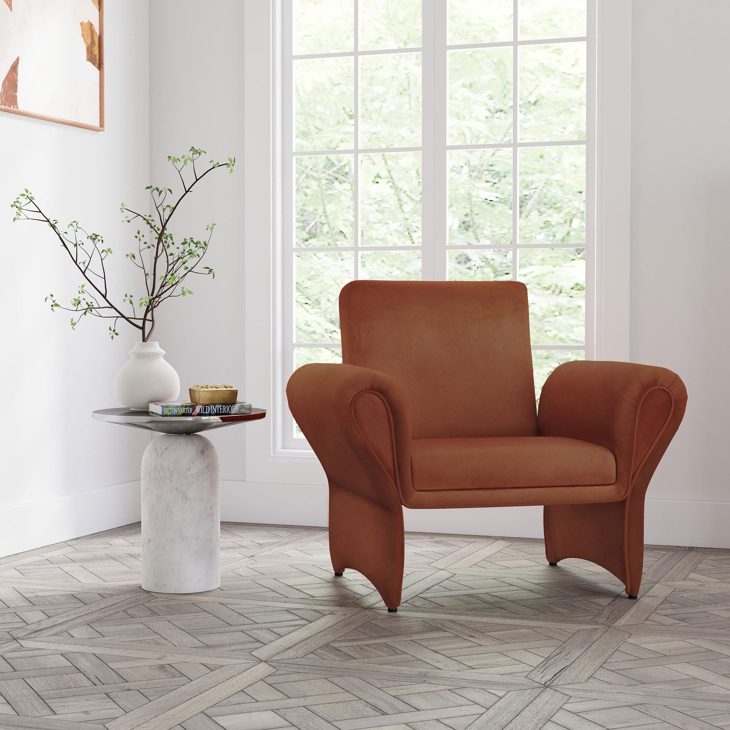 Sillón tapizado con brazos enrollables Liana, color naranja óxido
