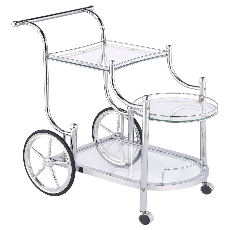 Carrito de bar de metal con estantes de vidrio de 3 niveles Sarandon, cromado