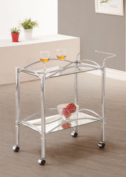 Carrito de bar de metal con estantes de vidrio rectangulares de dos niveles Shadix, cromado