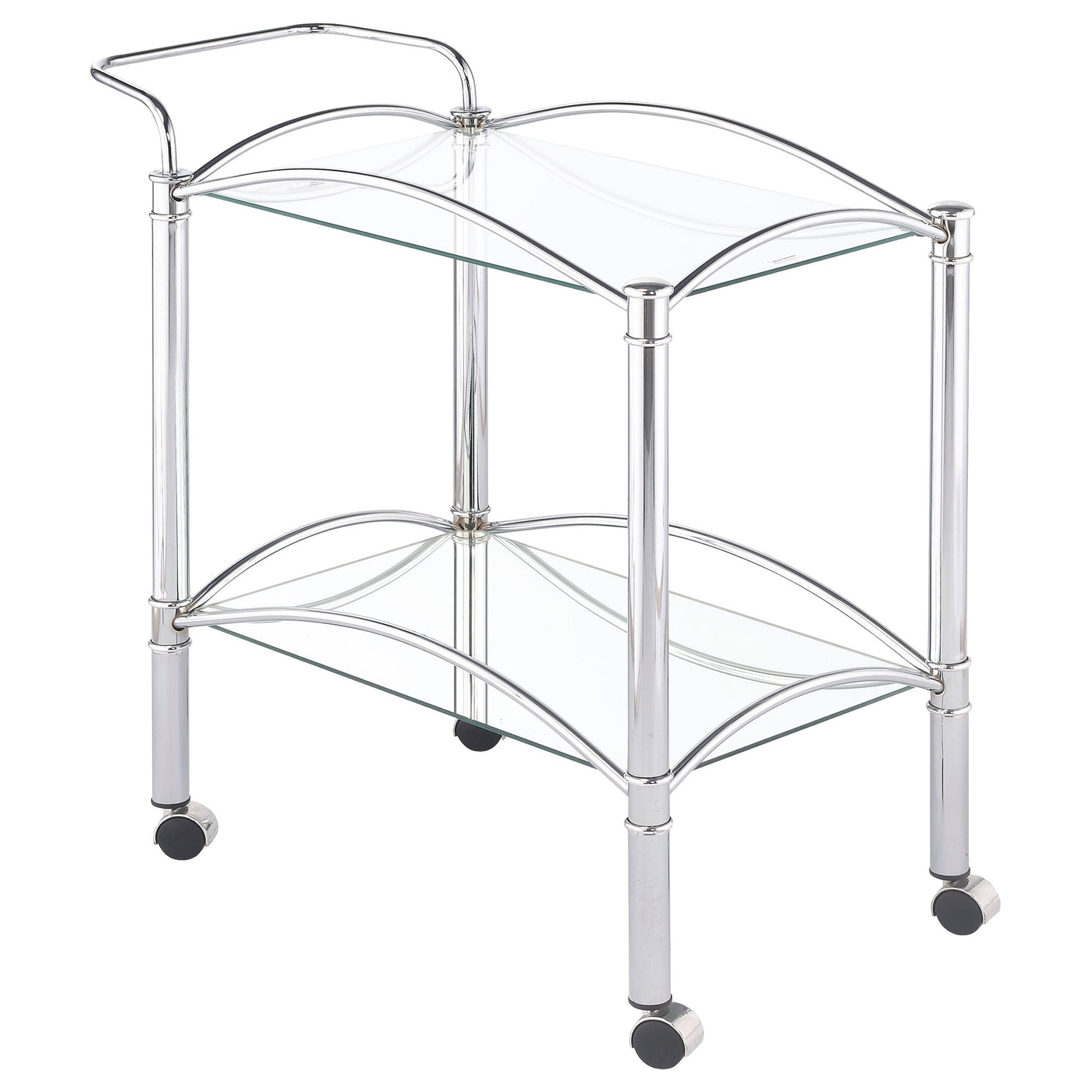 Carrito de bar de metal con estantes de vidrio rectangulares de dos niveles Shadix, cromado