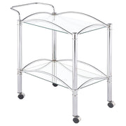 Carrito de bar de metal con estantes de vidrio rectangulares de dos niveles Shadix, cromado