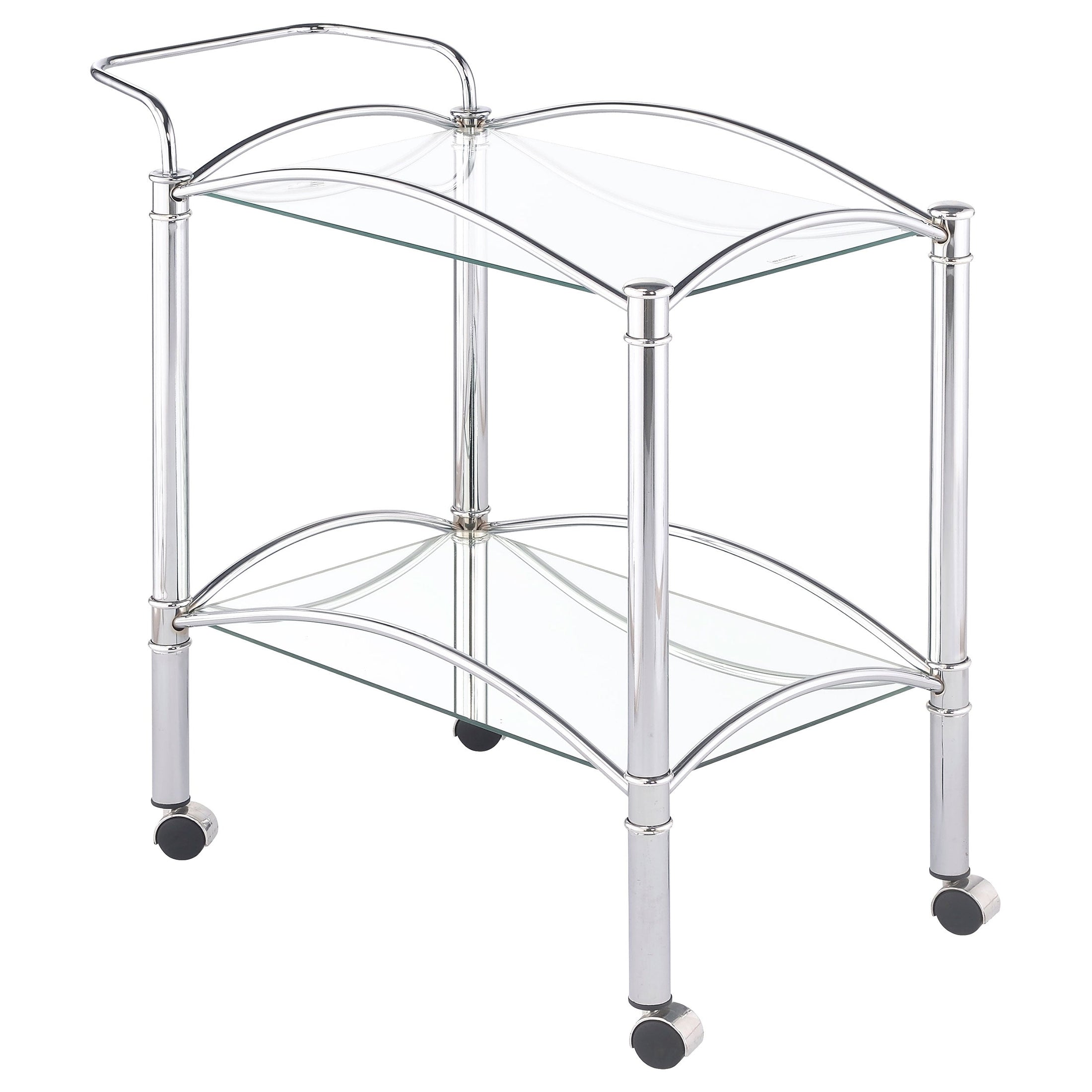 Carrito de bar de metal con estantes de vidrio rectangulares de dos niveles Shadix, cromado