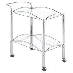Carrito de bar de metal con estantes de vidrio rectangulares de dos niveles Shadix, cromado