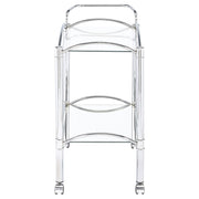 Carrito de bar de metal con estantes de vidrio rectangulares de dos niveles Shadix, cromado