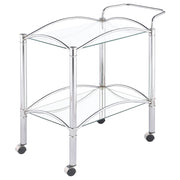 Carrito de bar de metal con estantes de vidrio rectangulares de dos niveles Shadix, cromado