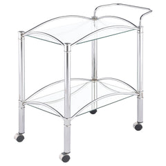 Carrito de bar de metal con estantes de vidrio rectangulares de dos niveles Shadix, cromado