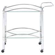 Carrito de bar de metal con estantes de vidrio rectangulares de dos niveles Shadix, cromado
