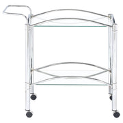 Carrito de bar de metal con estantes de vidrio rectangulares de dos niveles Shadix, cromado