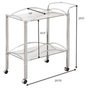 Carrito de bar de metal con estantes de vidrio rectangulares de dos niveles Shadix, cromado