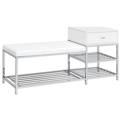 Siega 1-Drawer Shoe Storage Entryway Bench White High Gloss and Chrome