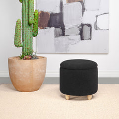 Valia Faux Sheepskin Upholstered Round Storage Ottoman Black
