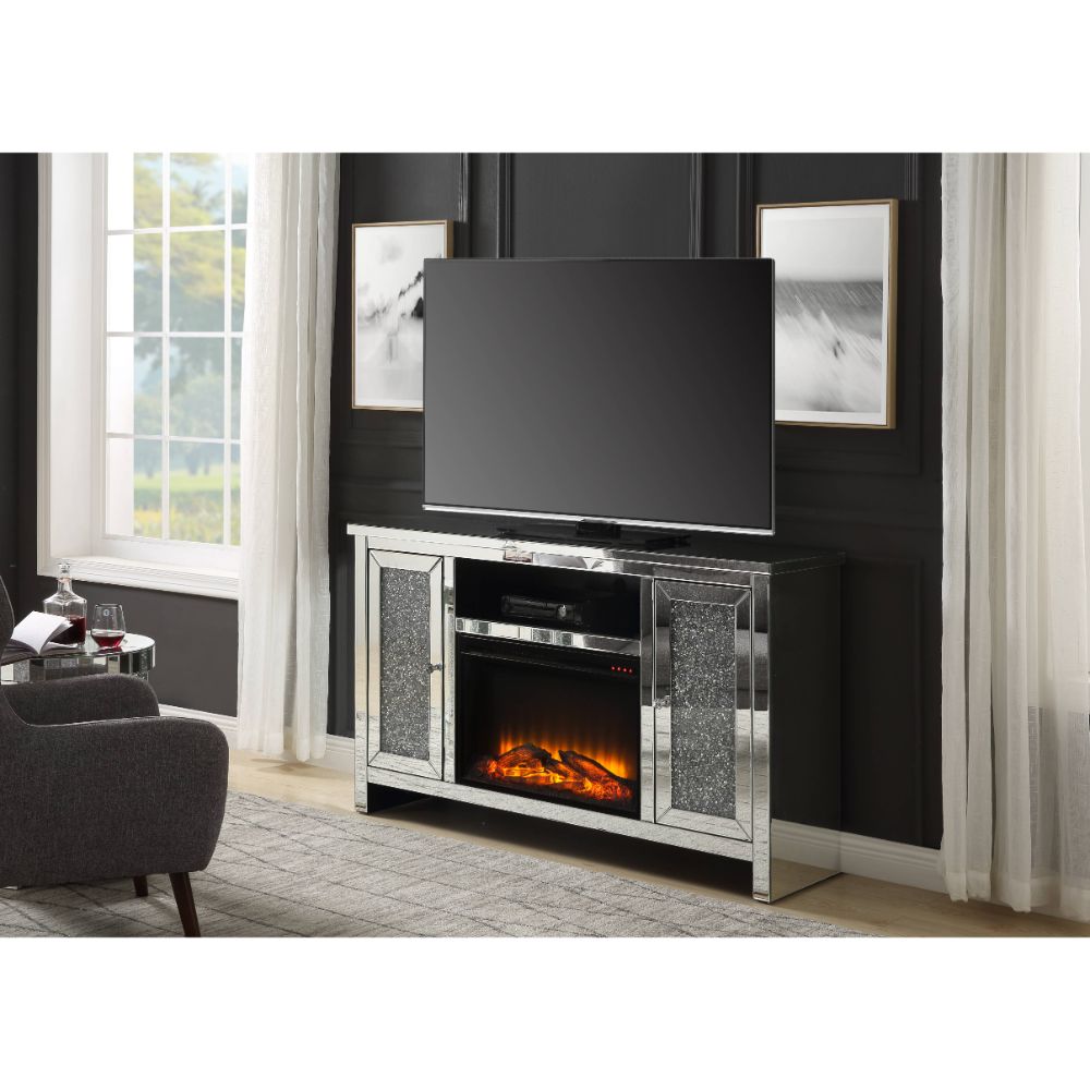 Mueble de TV Noralie Glam con chimenea, 140 cm de largo x 91 cm de alto