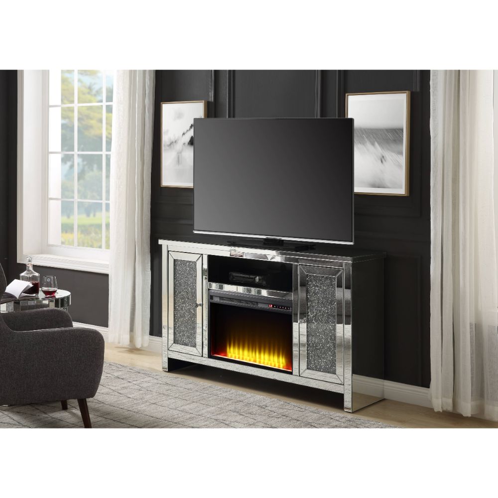 Mueble de TV Noralie Glam con chimenea, 140 cm de largo x 91 cm de alto