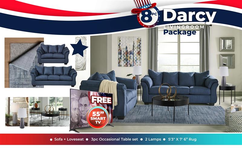 Darcy 8PC Living Room Package + Free 55"Smart TV