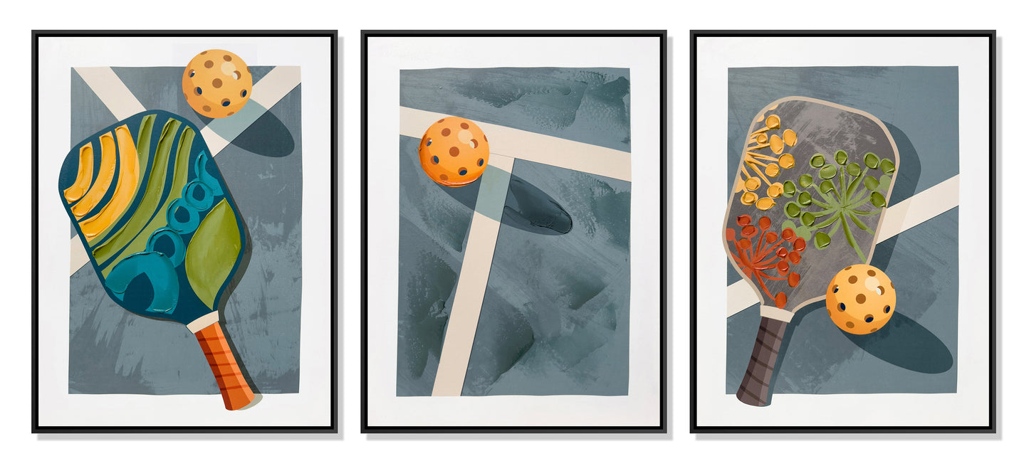 ''Colorful Pickleball Paddles Triptych'' Canvas in Frame (set)