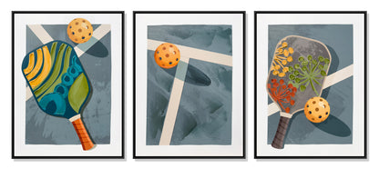 ''Colorful Pickleball Paddles Triptych'' Canvas in Frame (set)