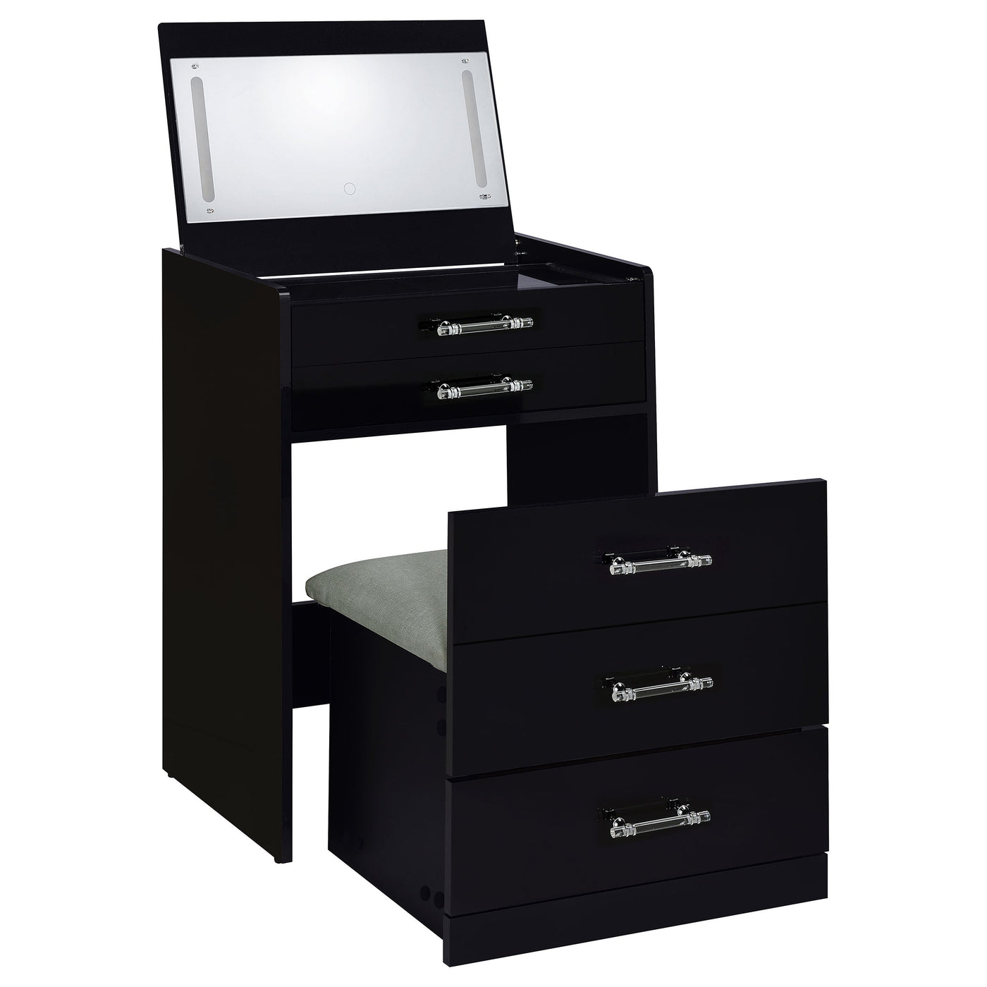 Tocador y taburete de maquillaje de 3 cajones Danbury, negro brillante