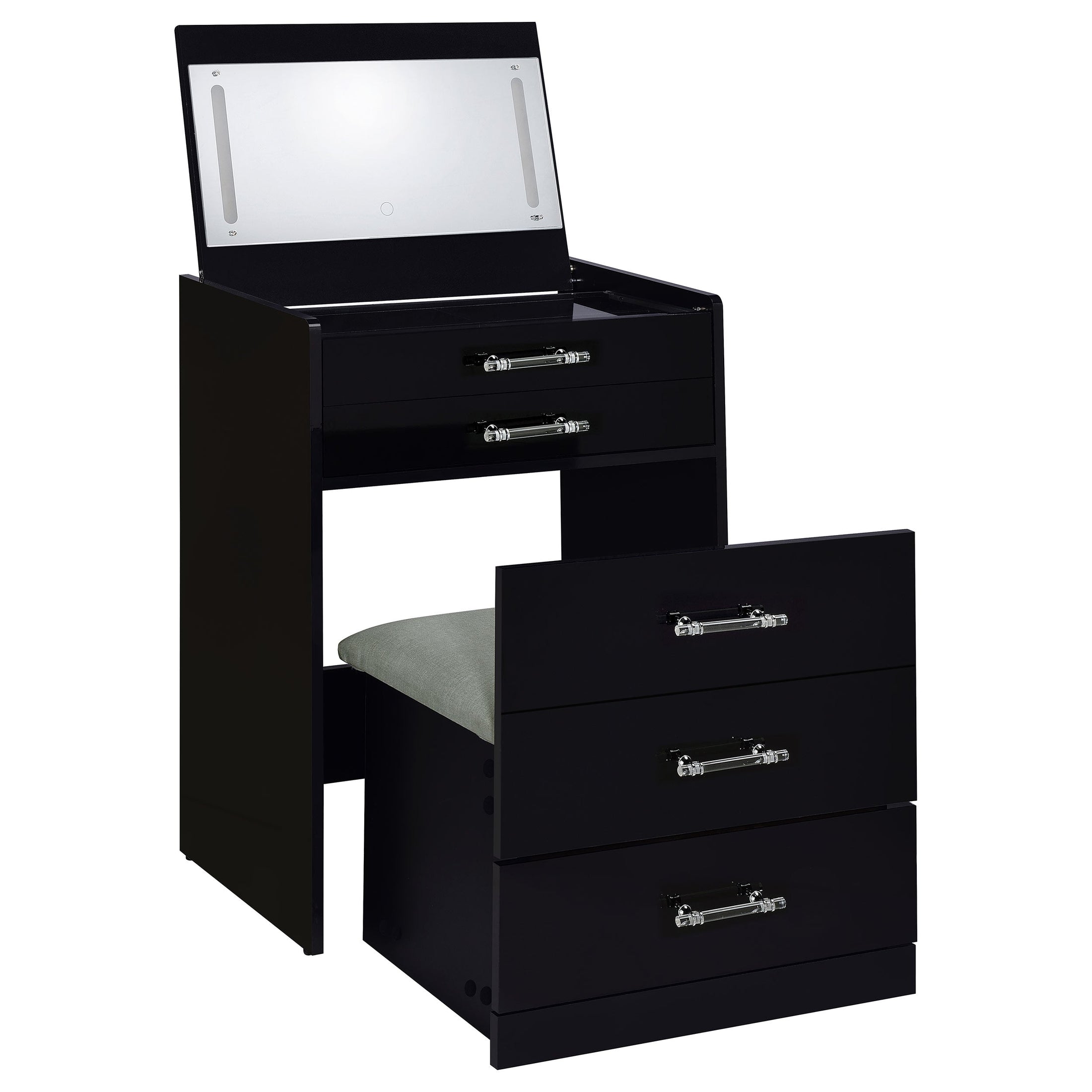 Tocador y taburete de maquillaje de 3 cajones Danbury, negro brillante