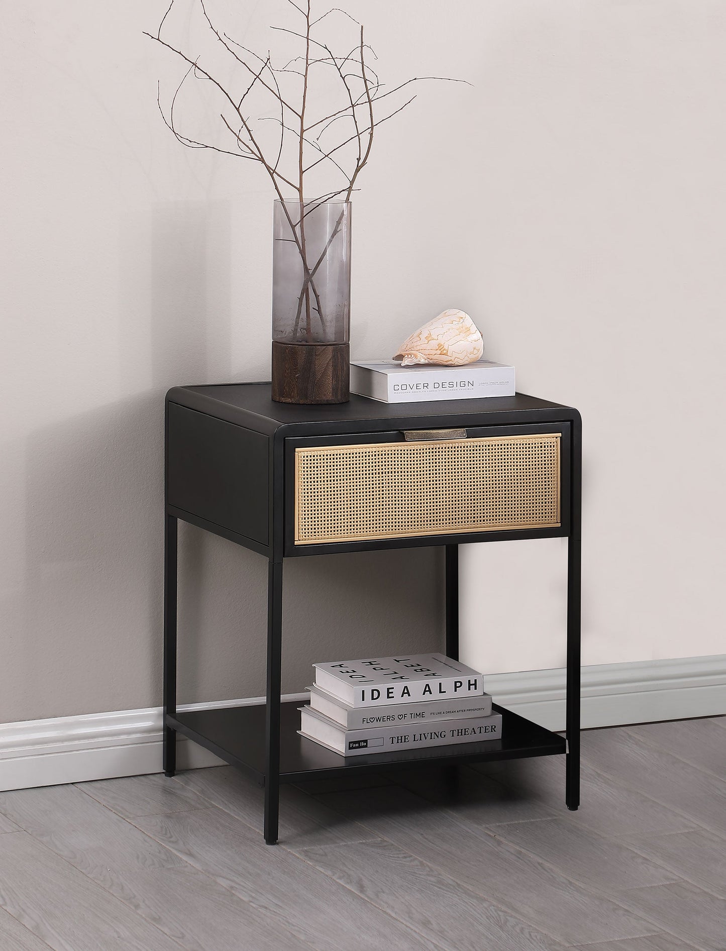 Amherst 1-drawer Radio Weave Cane Metal Bedside Table