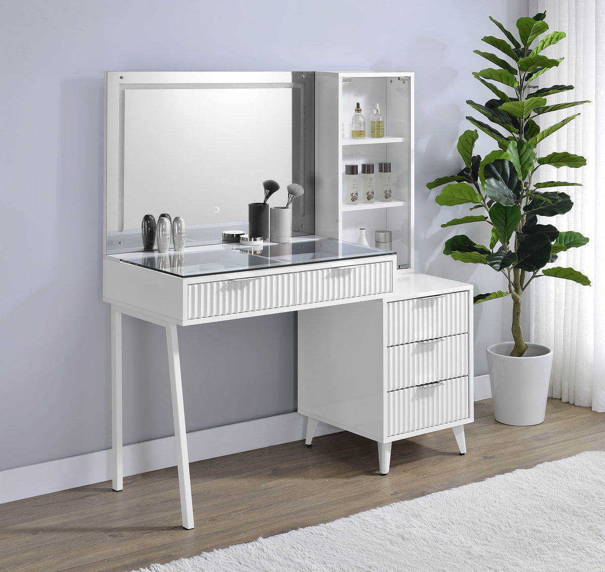 Souza 5-Drawer Makeup Vanity Table With LED Mirror White High Gloss
