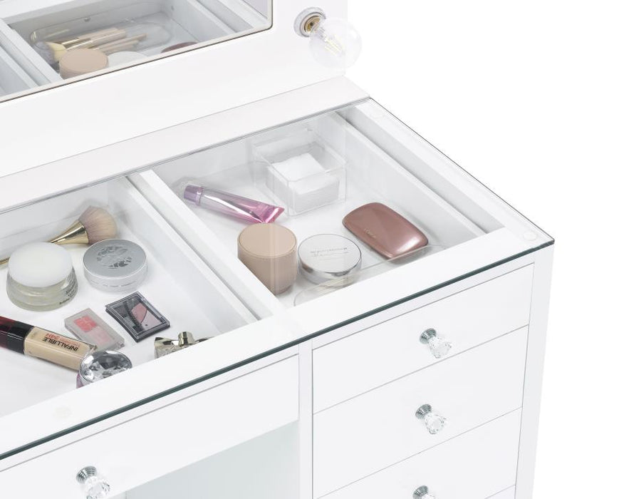 Acena 7-drawer Glass Top Vanity Desk with Lighting White