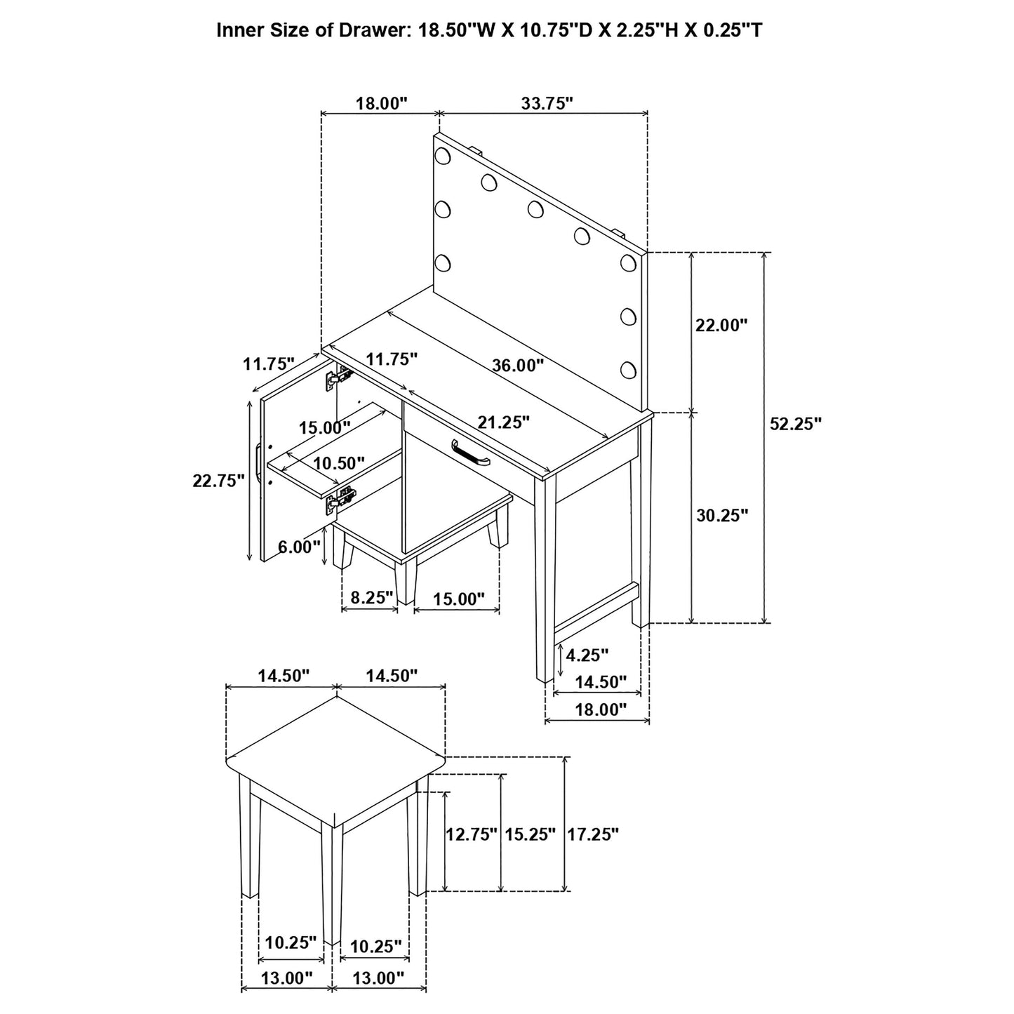 Tocador Elijah con iluminación y taburete en blanco y gris oscuro