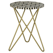Mesa auxiliar decorativa Xenia con incrustaciones de hueso redondo, blanca y dorada