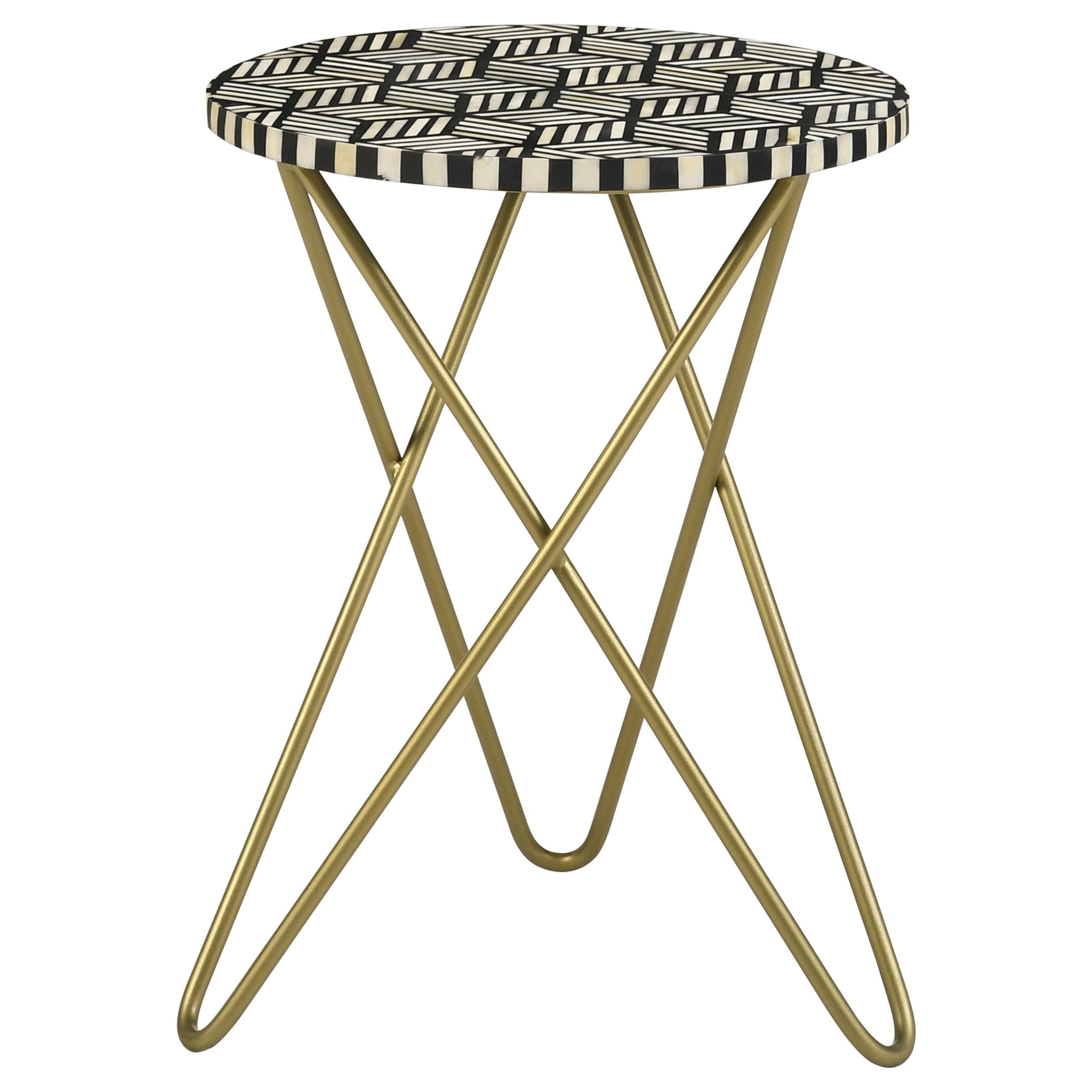 Mesa auxiliar decorativa Xenia con incrustaciones de hueso redondo, blanca y dorada
