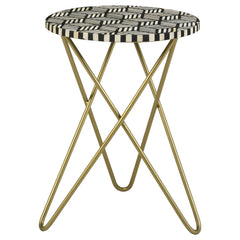 Mesa auxiliar decorativa Xenia con incrustaciones de hueso redondo, blanca y dorada