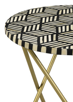 Mesa auxiliar decorativa Xenia con incrustaciones de hueso redondo, blanca y dorada