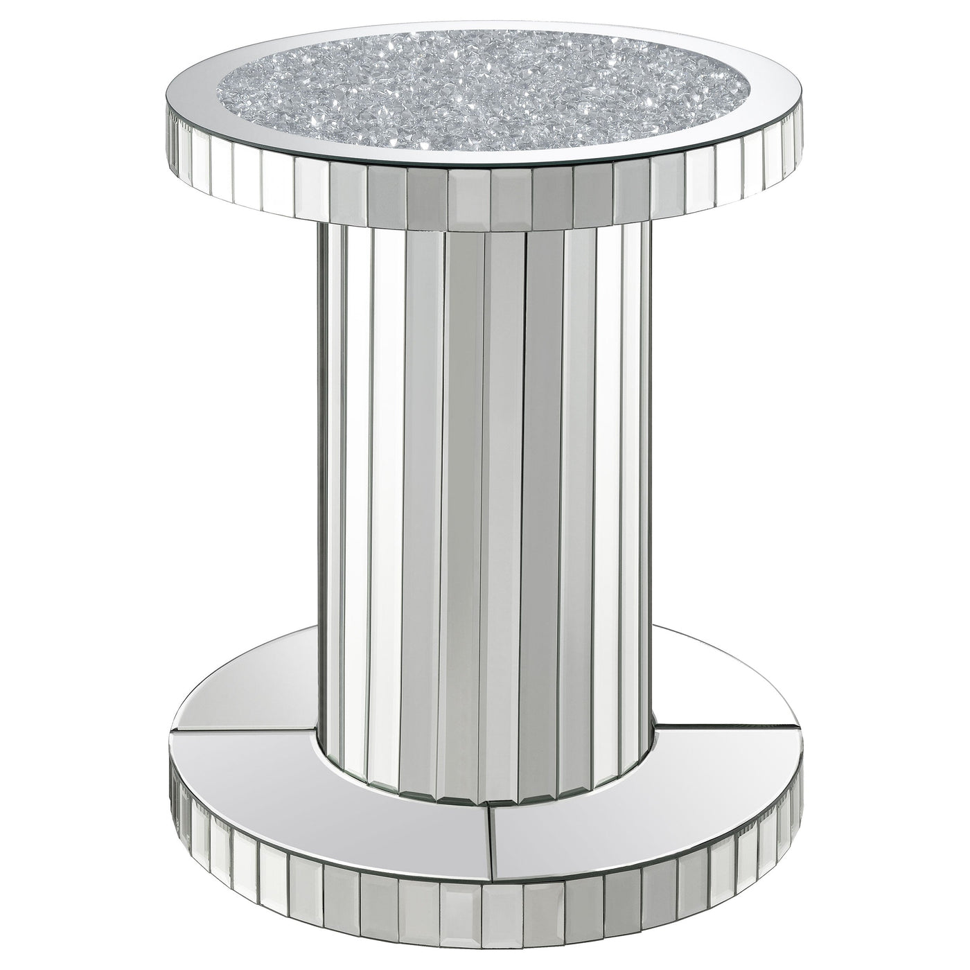 Mesa auxiliar redonda Dorielle con espejo de cristal acrílico plateado