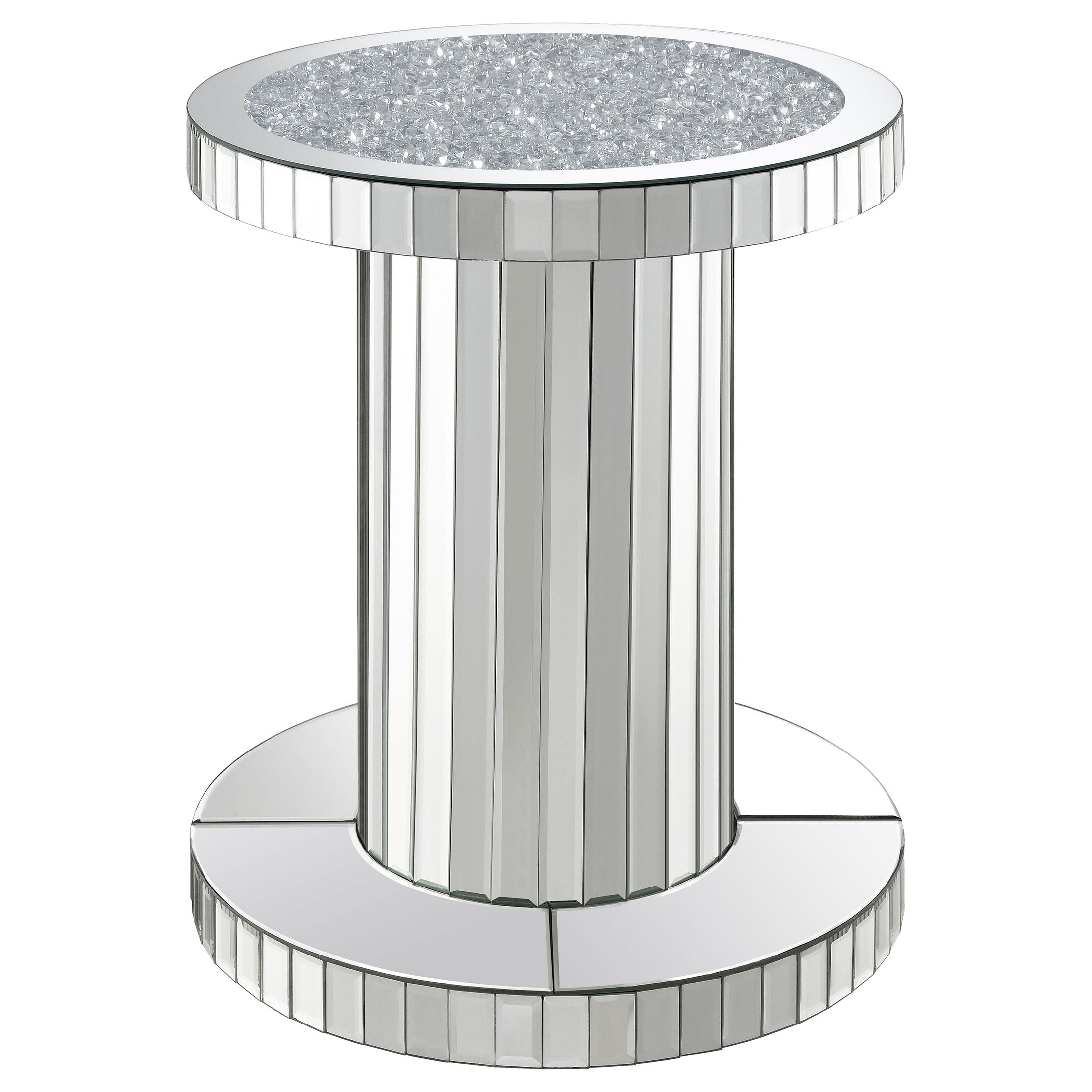 Mesa auxiliar redonda Dorielle con espejo de cristal acrílico plateado