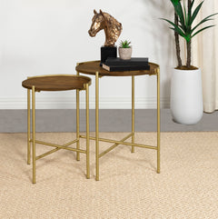 Mesa nido redonda de madera Malka en marrón oscuro y dorado