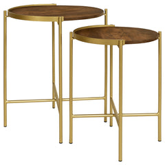 Mesa nido redonda de madera Malka en marrón oscuro y dorado