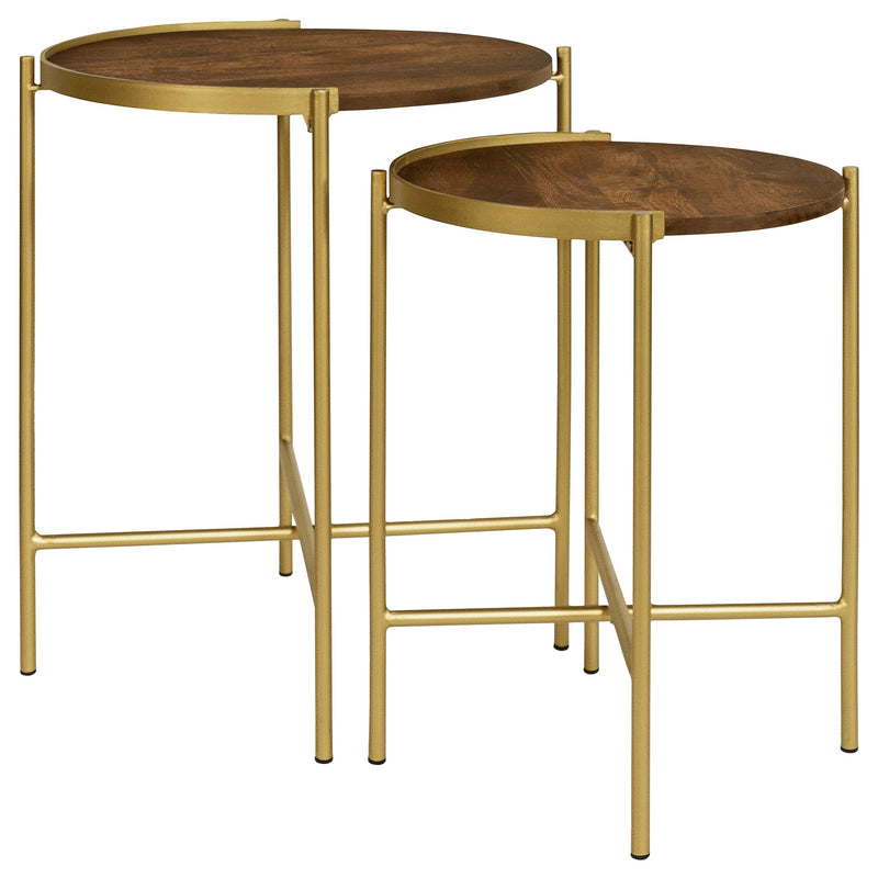 Mesa nido redonda de madera Malka en marrón oscuro y dorado