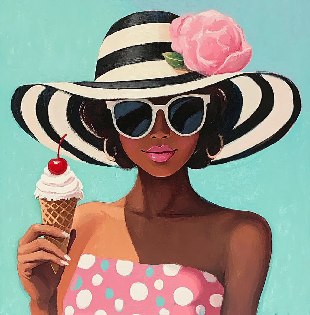''Ice Cream on Teal'' Hand-painted Gloss Canvas