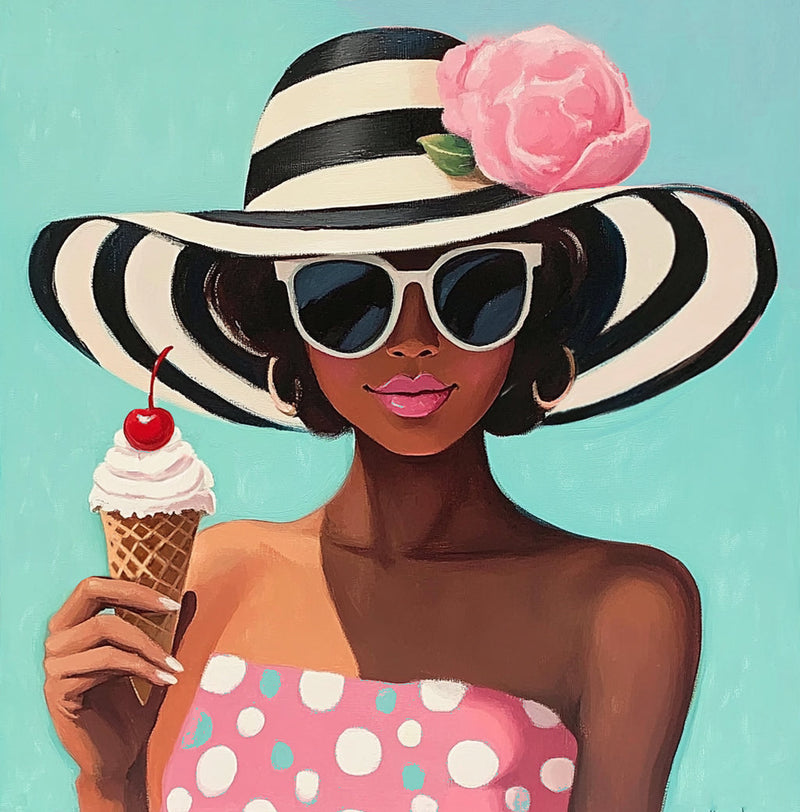 ''Ice Cream on Teal'' Hand-painted Gloss Canvas