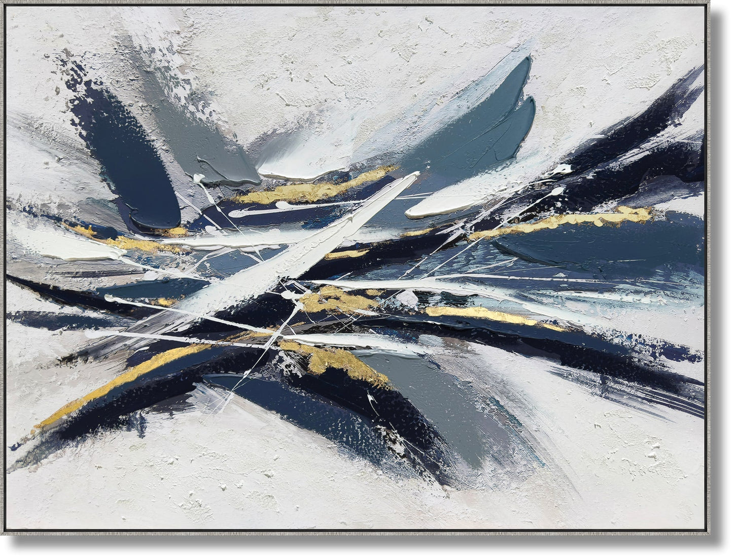 ''Gold Streaked Midnight Abstract'' Hand-painted Canvas in Frame