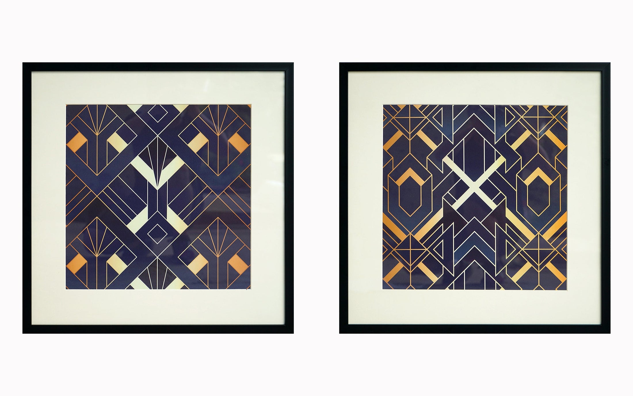 ''Midnight Deco Geometric Pair'' Hand-painted Canvas in Frame (set)