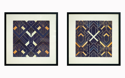 ''Midnight Deco Geometric Pair'' Hand-painted Canvas in Frame (set)
