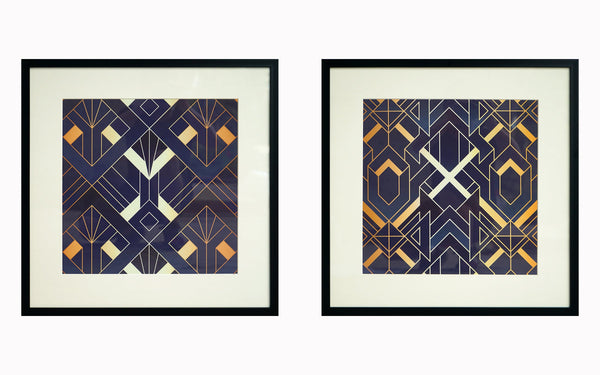 ''Midnight Deco Geometric Pair'' Hand-painted Canvas in Frame (set)