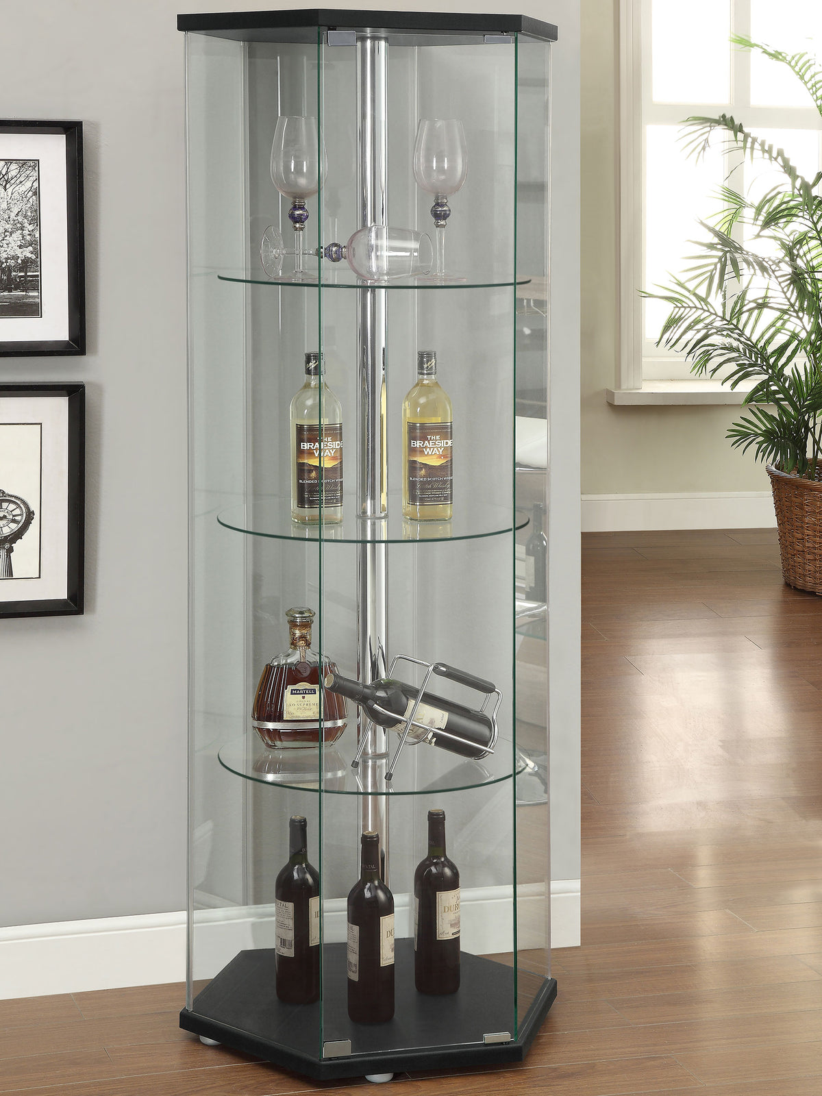 Zahavah 3-shelf Hexagonal Clear Glass Curio Cabinet Black