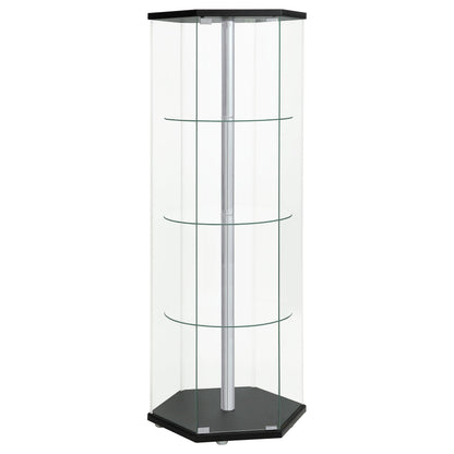 Zahavah 4-shelf Hexagonal Clear Glass Curio Cabinet Black