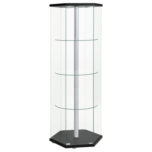 Vitrina hexagonal de 4 estantes de cristal transparente Zahavah, color negro