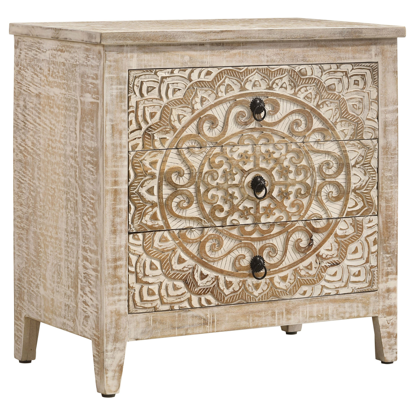 Gabinete Mariska Mandala de madera de 3 cajones en blanco envejecido