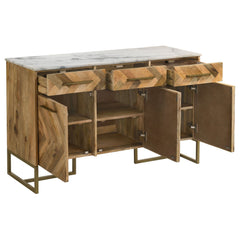 Gabinete decorativo de espiga con cubierta de mármol de 3 puertas Keaton, color natural